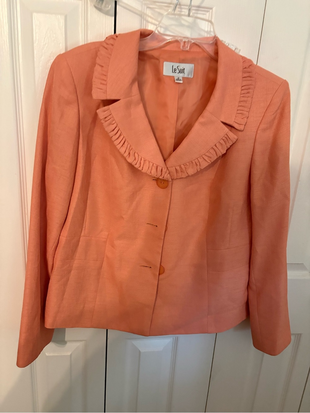 Le Suit Peach Ruffled Collar Blazer